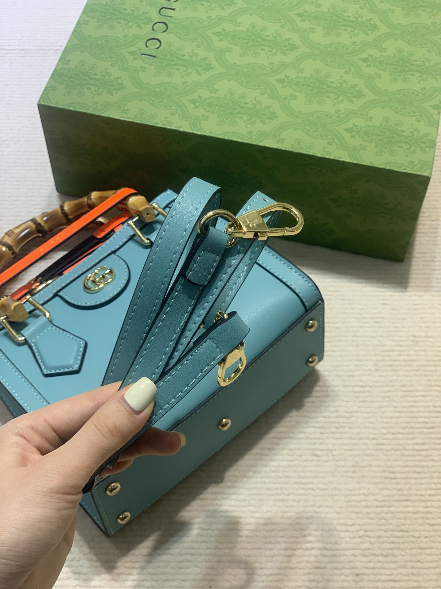 GUCCI DIANA MINI TOTE BAG Blue 20W x 16H x 10D CM - Image 8