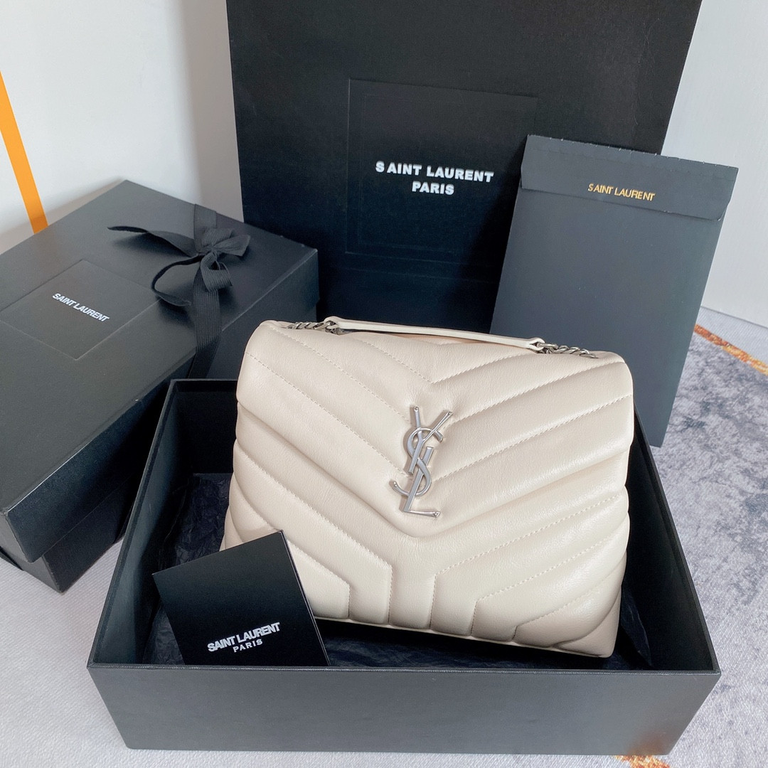 YSL LOULOU SMALL IN QUILTED LEATHER WHITE 9 X 6.1 X 3.3 INCHES