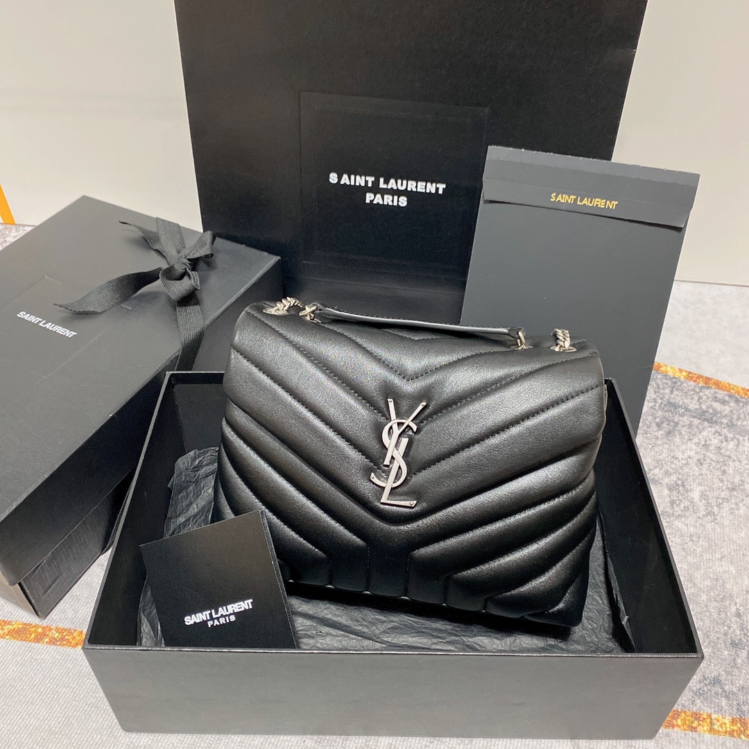 YSL LOULOU SMALL IN QUILTED LEATHER BLACK SILVER 9 X 6.1 X 3.3 INCHES