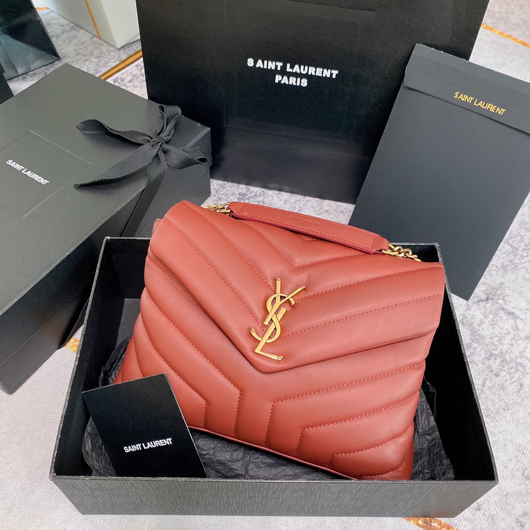 YSL LOULOU SMALL IN QUILTED LEATHER RED GOLD 9 X 6.1 X 3.3 INCHES