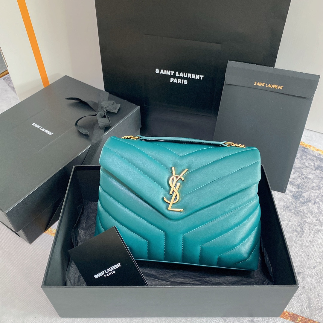 YSL LOULOU SMALL IN QUILTED LEATHER BLUE GOLD 9 X 6.1 X 3.3 INCHES - Image 2