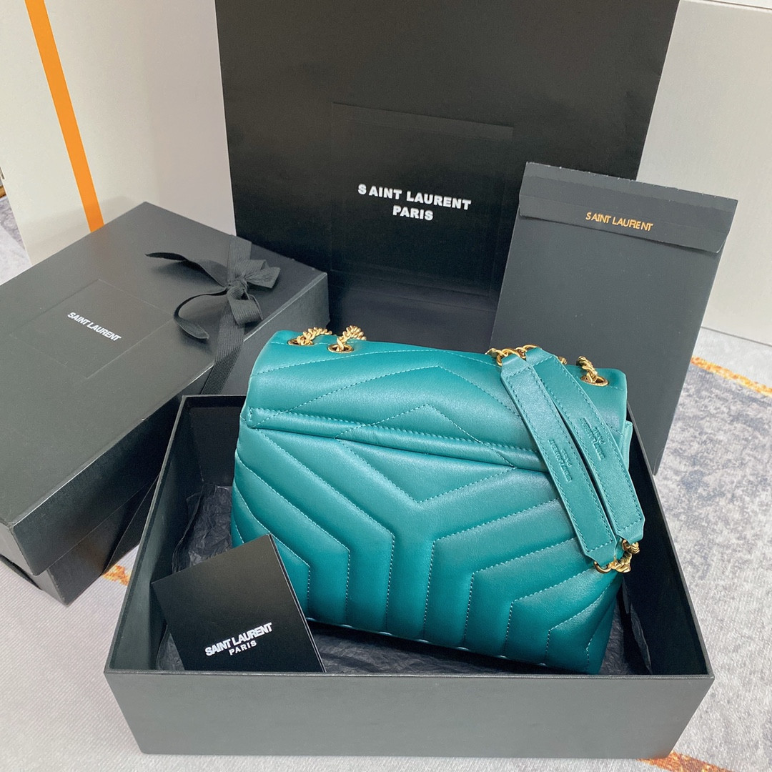 YSL LOULOU SMALL IN QUILTED LEATHER BLUE GOLD 9 X 6.1 X 3.3 INCHES - Image 3