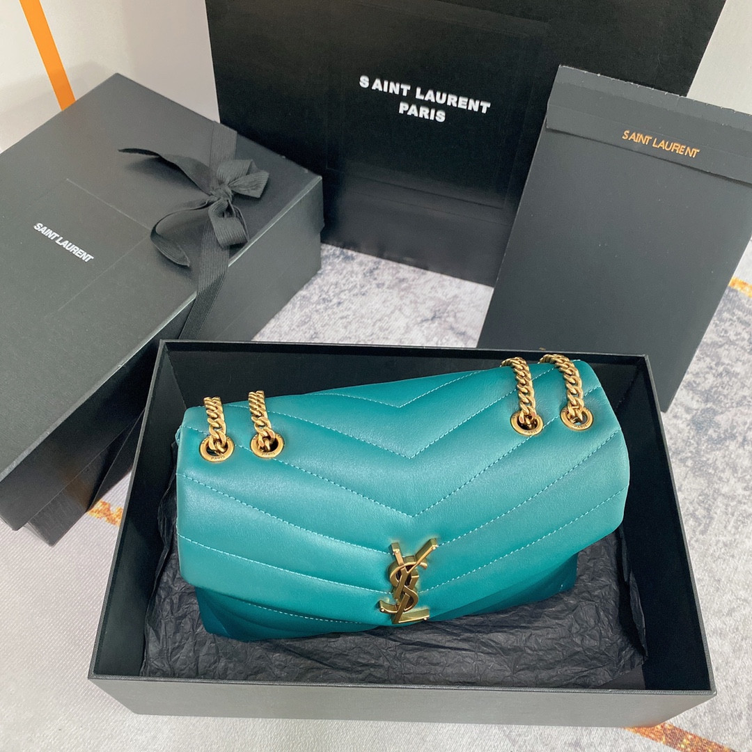 YSL LOULOU SMALL IN QUILTED LEATHER BLUE GOLD 9 X 6.1 X 3.3 INCHES - Image 4