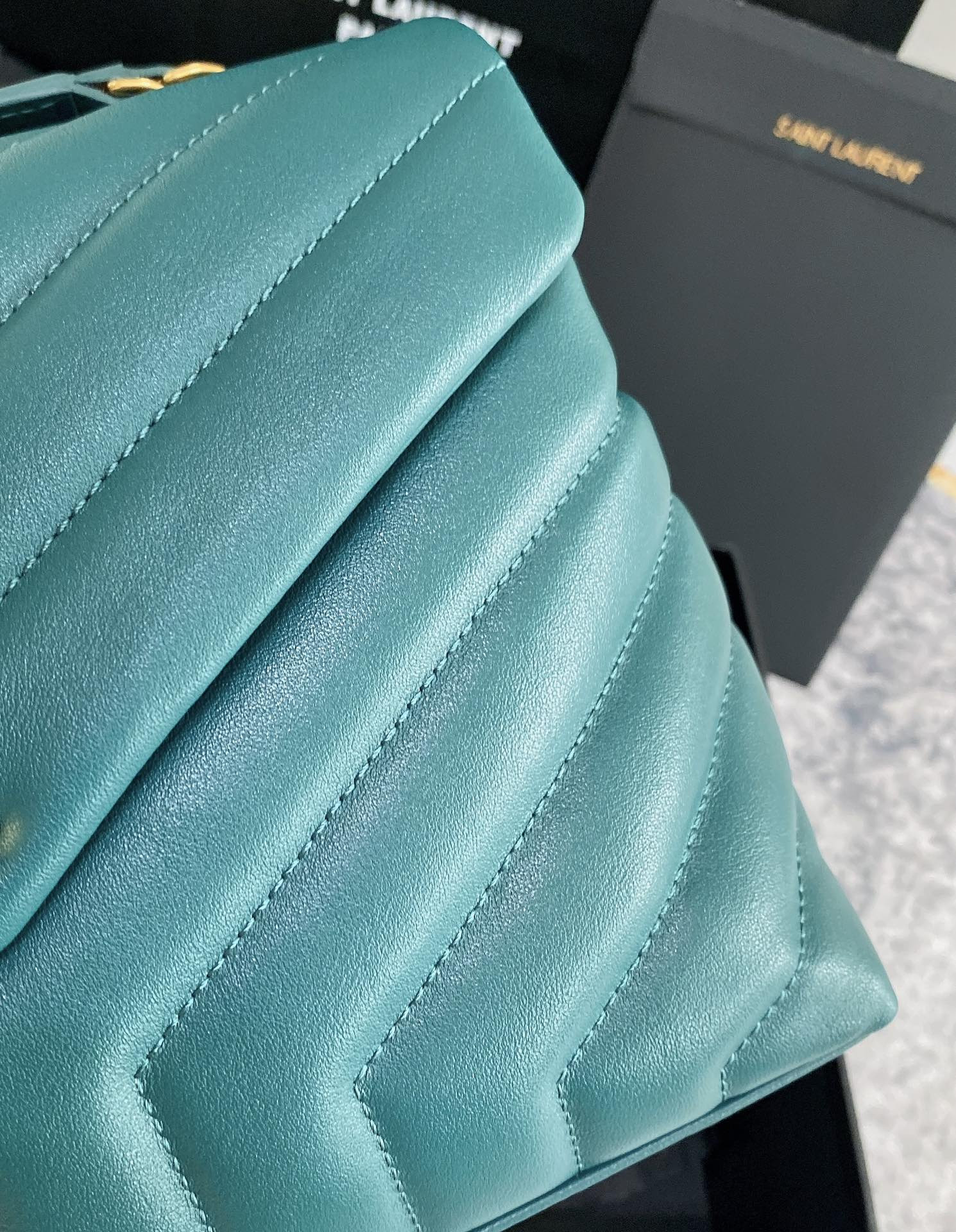 YSL LOULOU SMALL IN QUILTED LEATHER BLUE GOLD 9 X 6.1 X 3.3 INCHES - Image 9
