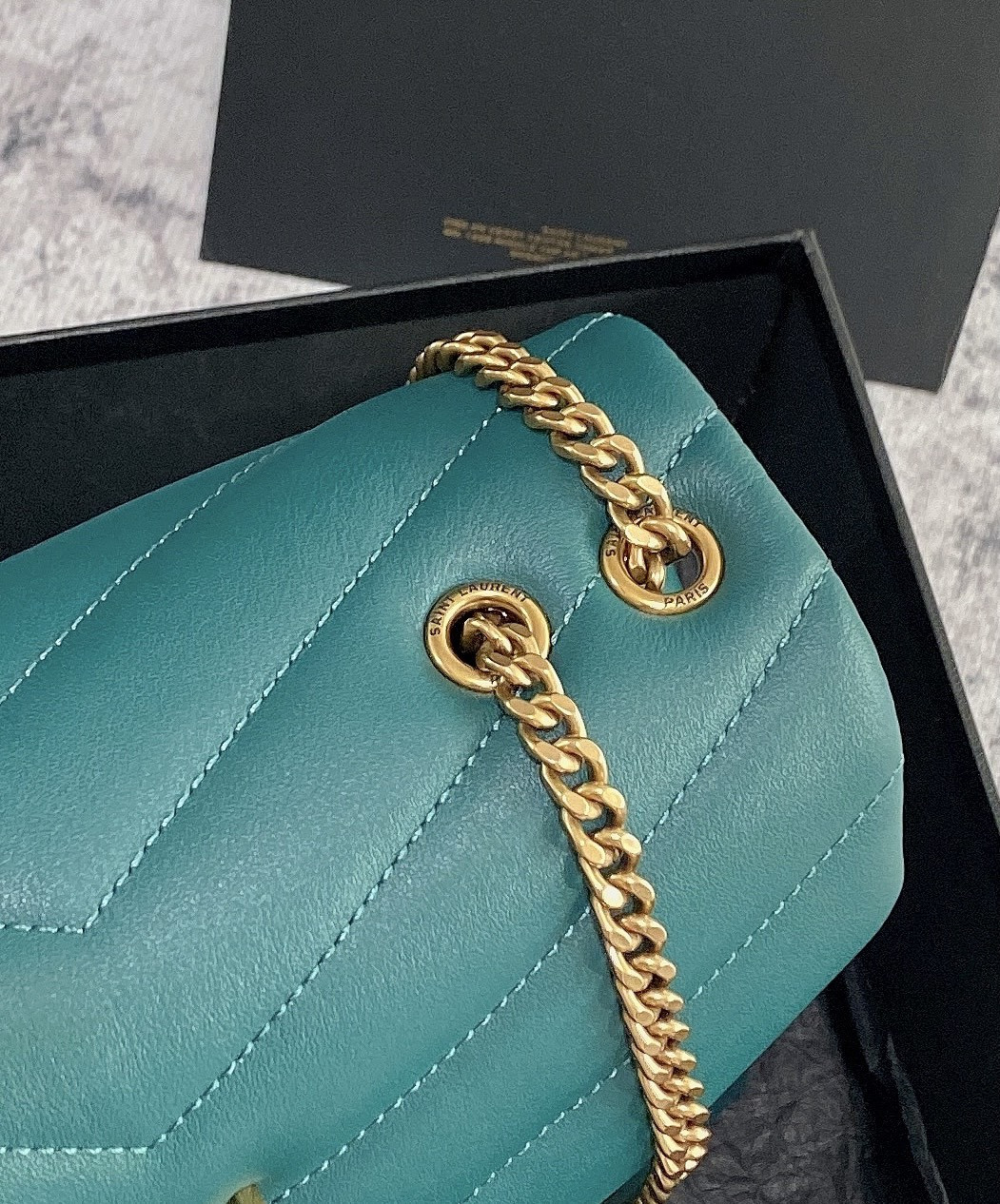 YSL LOULOU SMALL IN QUILTED LEATHER BLUE GOLD 9 X 6.1 X 3.3 INCHES - Image 11