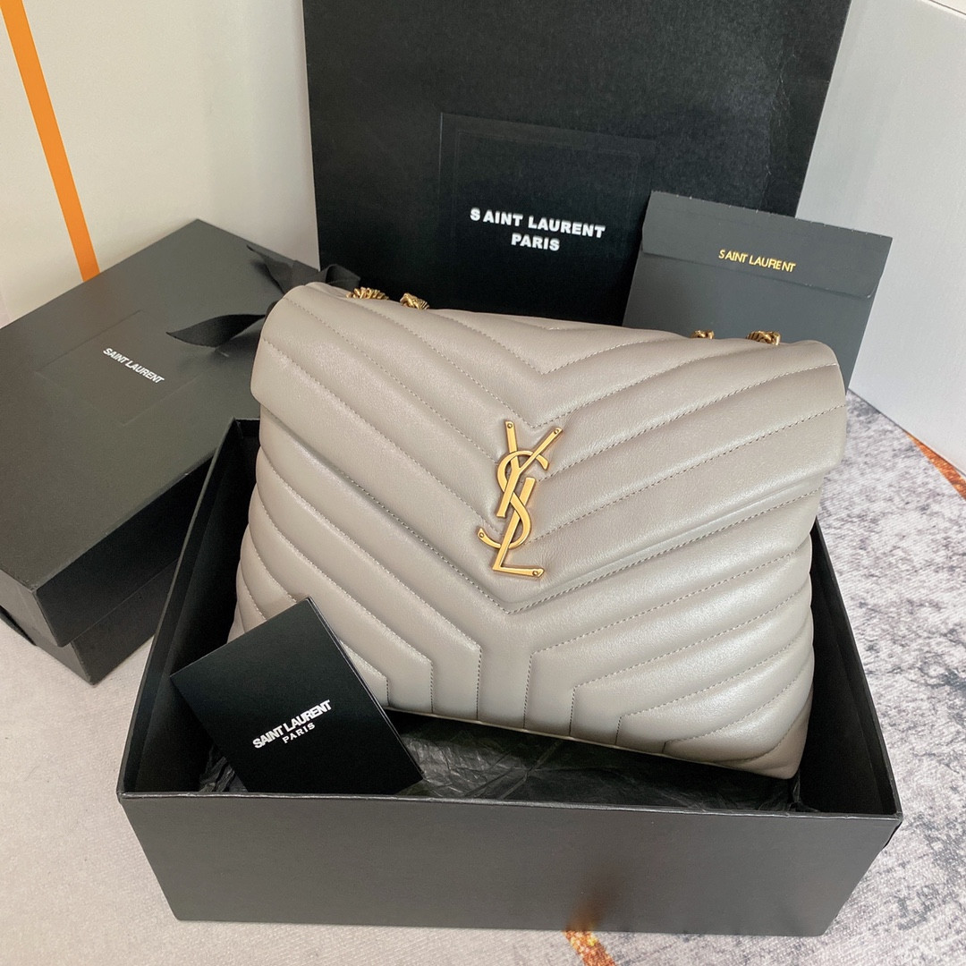 YSL LOULOU MEDIUM IN QUILTED LEATHER GREYISH BROWN 12.5 X 8.6 X 3.5 INCHES