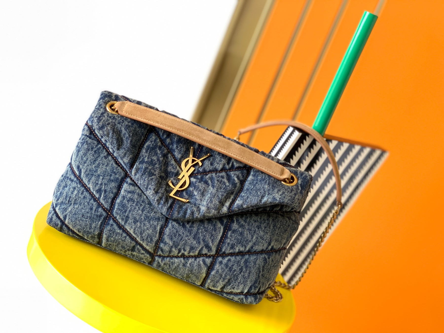YSL PUFFER SMALL IN SUEDE AND DENIM RODEO BLUE 11.4 X 6.6 X 4.3 INCHES - Image 2