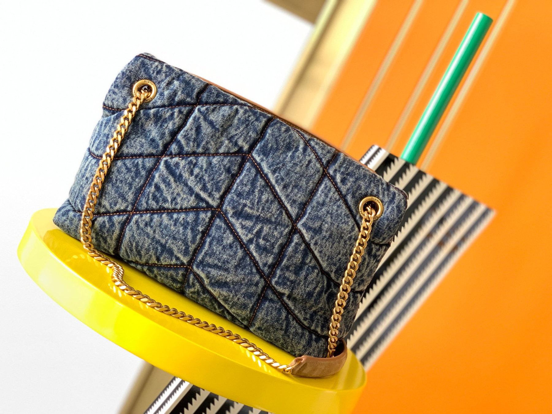 YSL PUFFER SMALL IN SUEDE AND DENIM RODEO BLUE 11.4 X 6.6 X 4.3 INCHES - Image 5