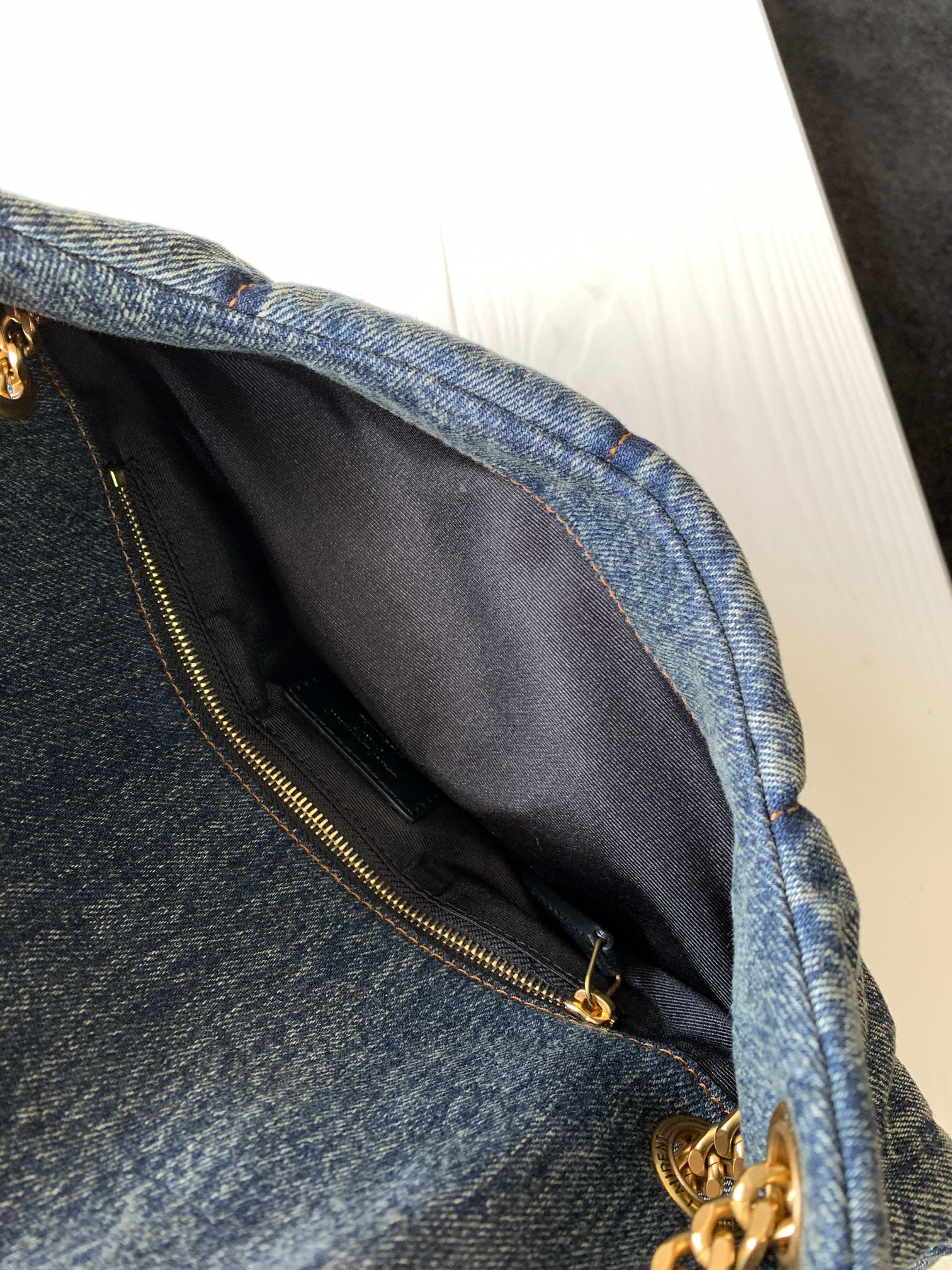 YSL PUFFER SMALL IN SUEDE AND DENIM RODEO BLUE 11.4 X 6.6 X 4.3 INCHES - Image 9