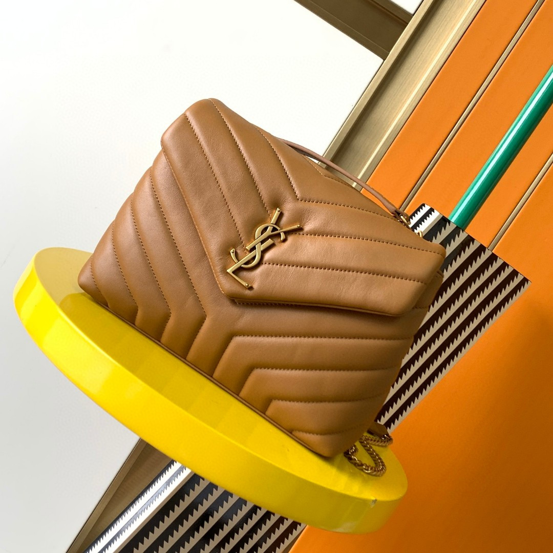 YSL LOULOU SMALL IN QUILTED LEATHER BROWN 9 X 6.1 X 3.3 INCHES