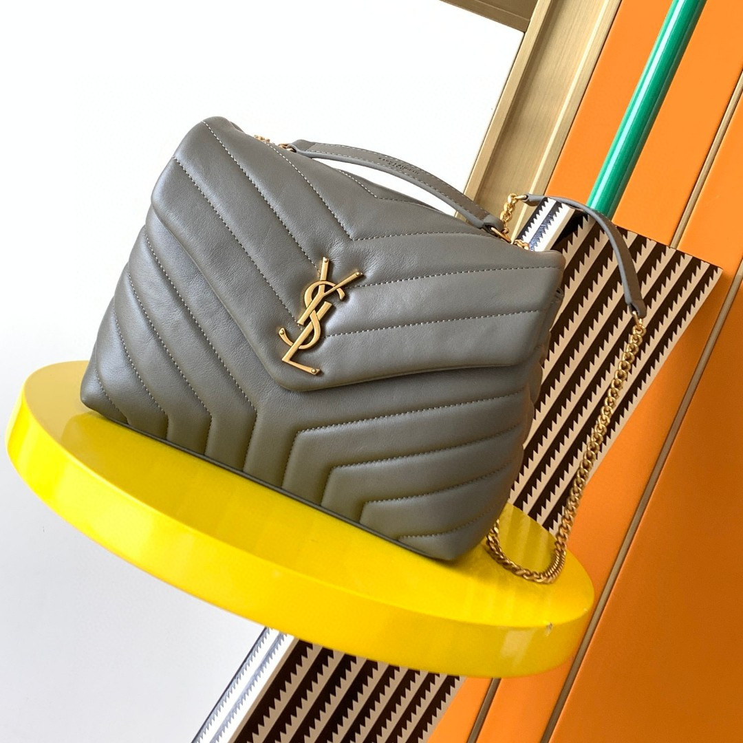 YSL LOULOU SMALL IN QUILTED LEATHER GRAY GOLD 9 X 6.1 X 3.3 INCHES - Image 2