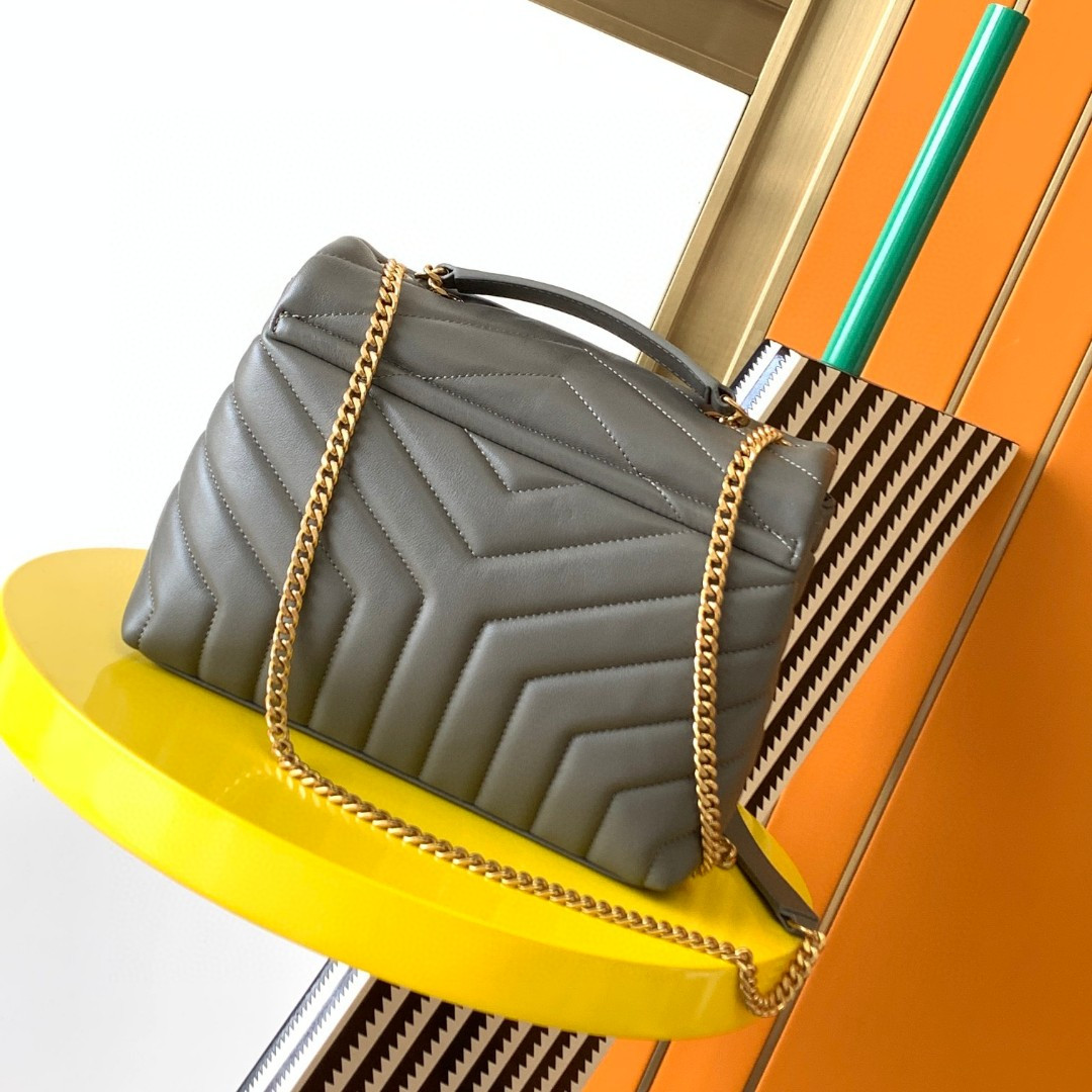 YSL LOULOU SMALL IN QUILTED LEATHER GRAY GOLD 9 X 6.1 X 3.3 INCHES - Image 5