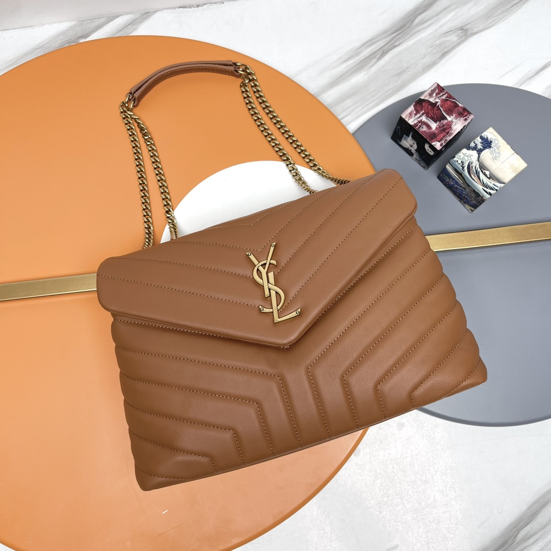 YSL LOULOU MEDIUM IN QUILTED LEATHER BROWN 12.5 X 8.6 X 3.5 INCHES
