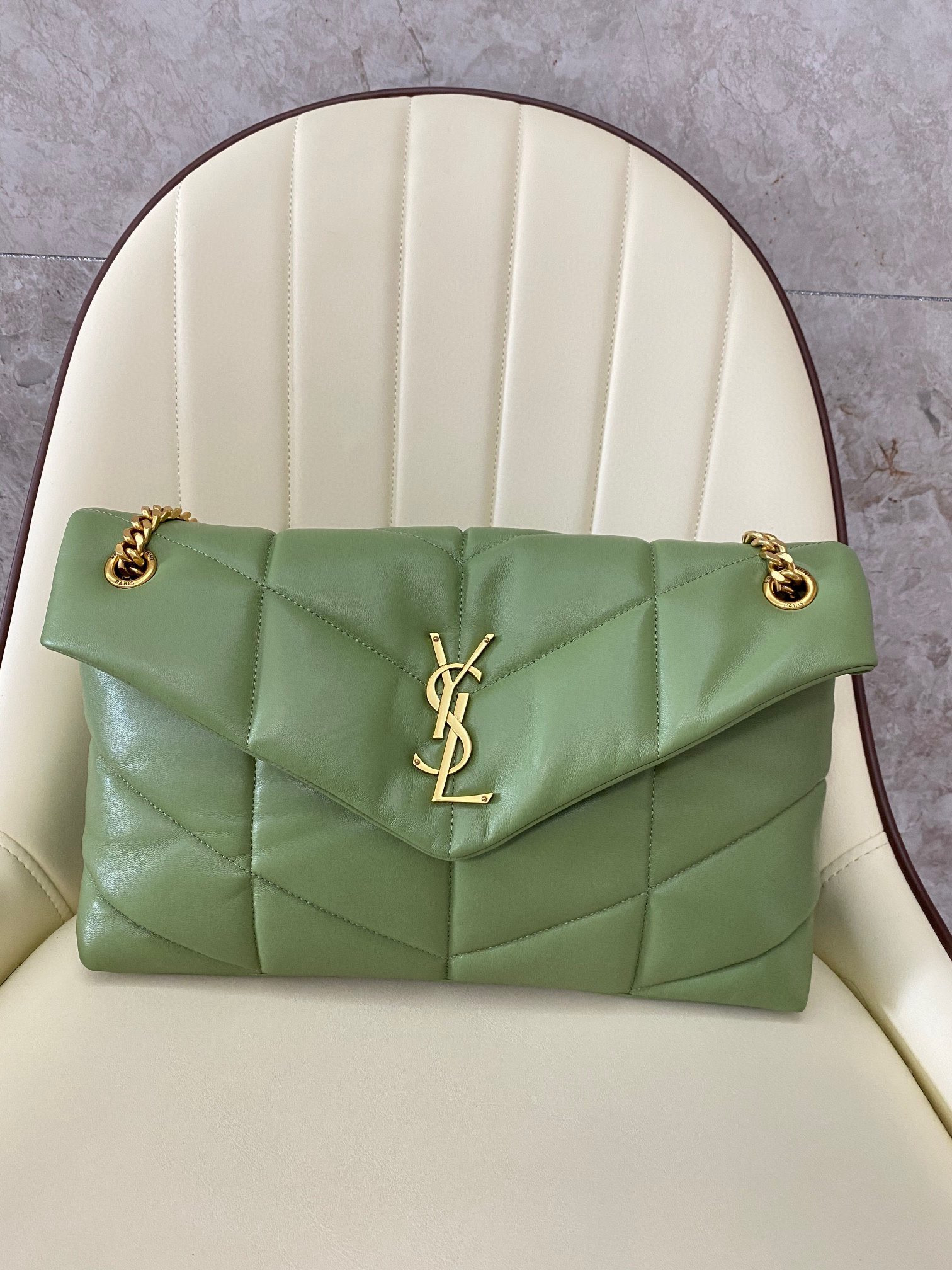 YSL PUFFER MEDIUM IN NAPPA LEATHER LIGHT GREEN 13.7 X 9 X 5.3 INCHES - Image 2