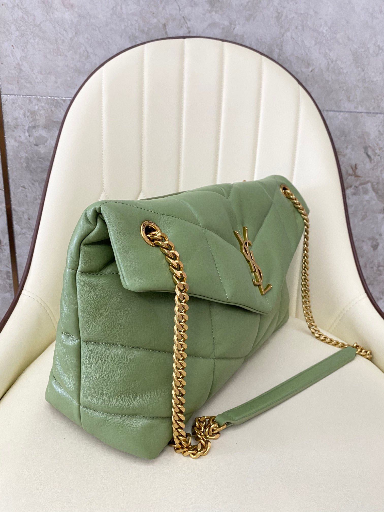 YSL PUFFER MEDIUM IN NAPPA LEATHER LIGHT GREEN 13.7 X 9 X 5.3 INCHES - Image 4