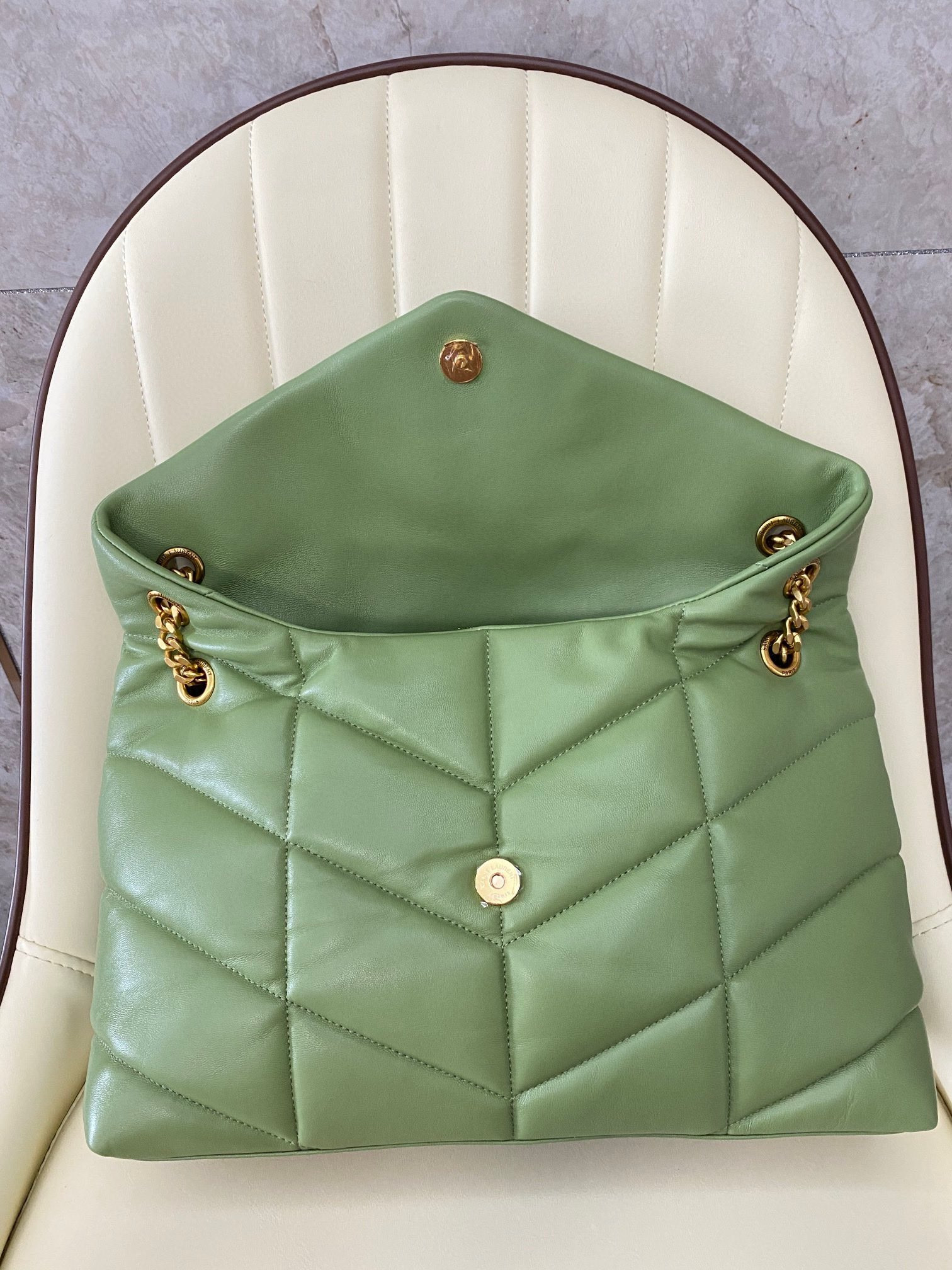 YSL PUFFER MEDIUM IN NAPPA LEATHER LIGHT GREEN 13.7 X 9 X 5.3 INCHES - Image 8