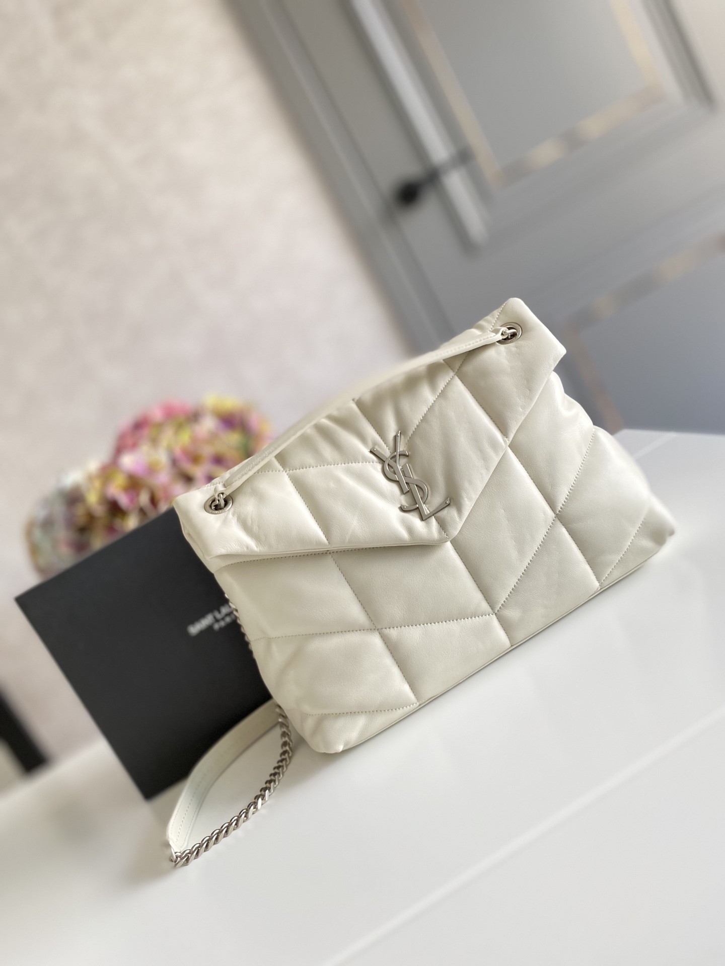 YSL PUFFER MEDIUM IN NAPPA LEATHER WHITE SILVER 13.7 X 9 X 5.3 INCHES - Image 2