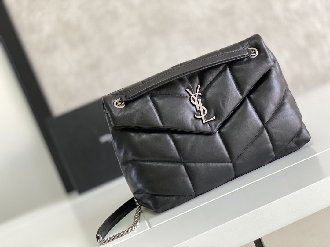 YSL LOULOU PUFFER MEDIUM IN NAPPA LEATHER BLACK SILVER 13.7 X 9 X 5.3 INCHES