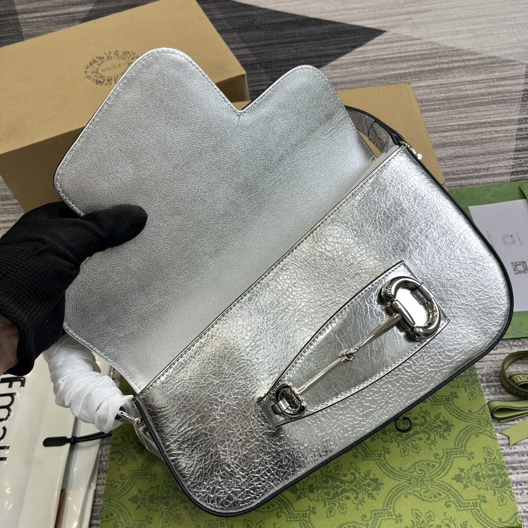 GUCCI HORSEBIT 1955 SMALL SHOULDER BAG Metallic silver 10.4 x 6.7-4.1 x 3.1-1.6 - Image 8
