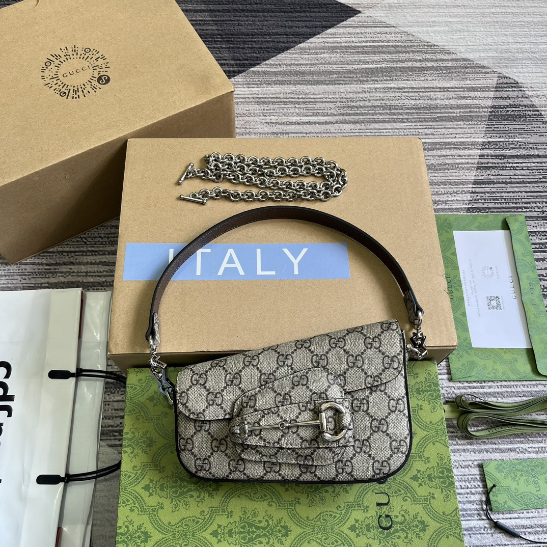 GUCCI HORSEBIT 1955 MINI SHOULDER BAG Beige and ebony 7.7 x 5-3.1 x 2.4-1.2