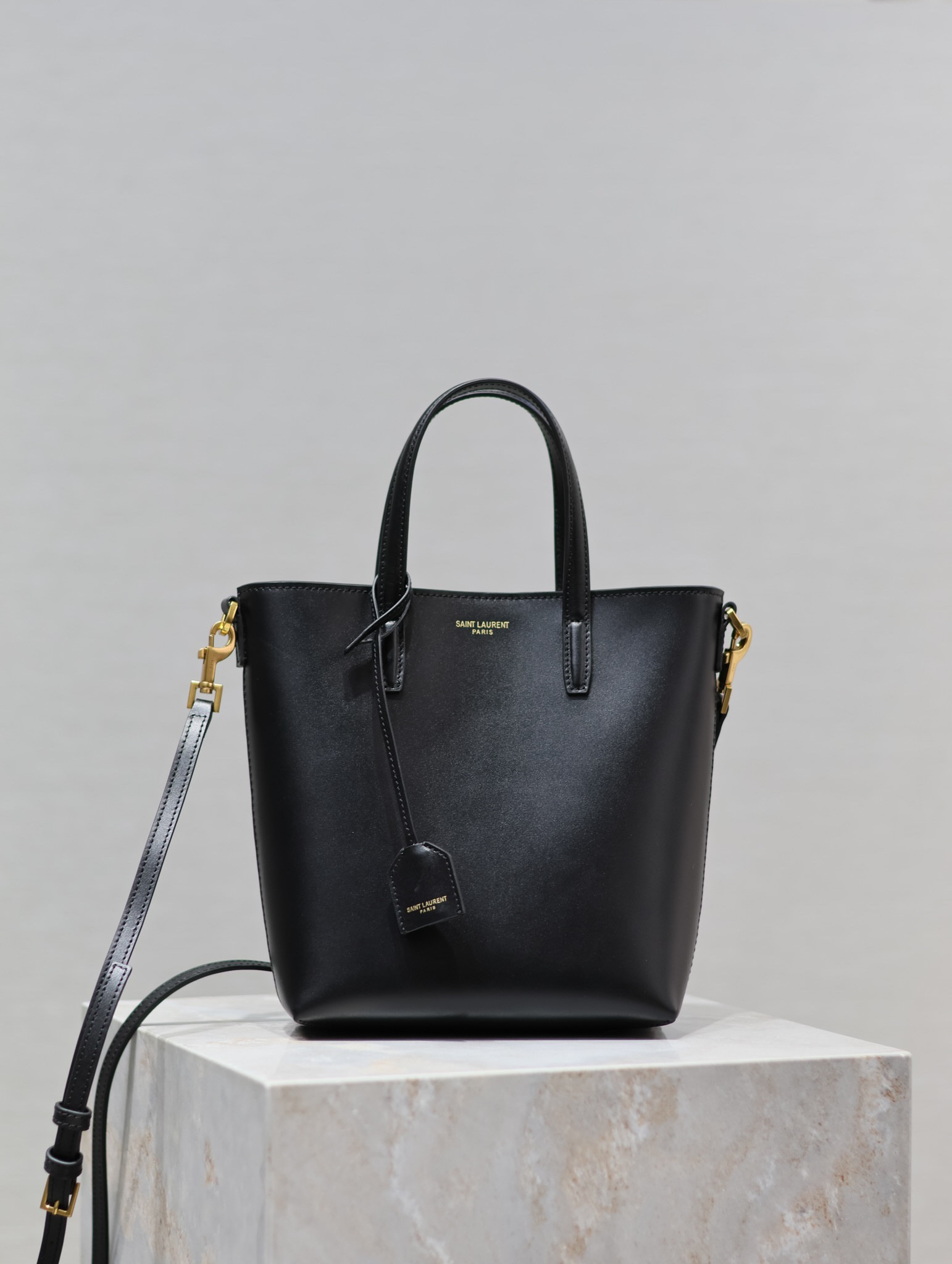 YSL SAINT LAURENT PARIS MINI TOY SHOPPING IN SMOOTH LEATHER BLACK 7.1 X 6.7 X 3.1 INCHES