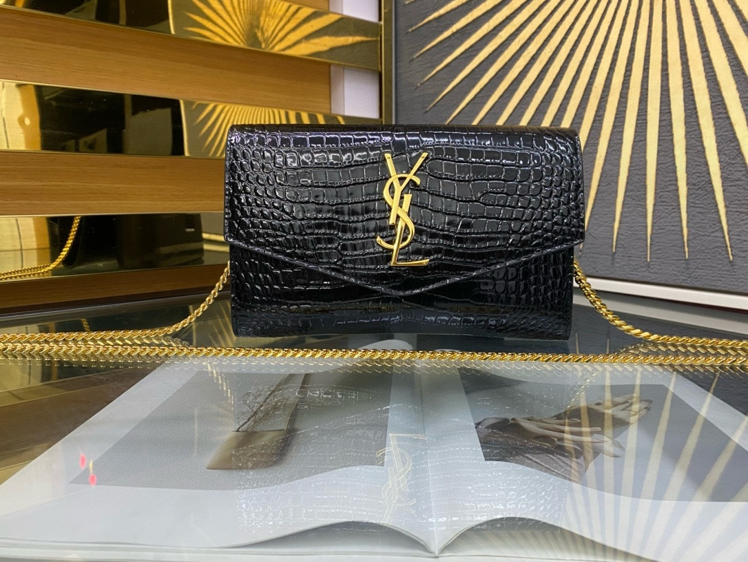 YSL UPTOWN CHAIN WALLET IN CROCODILE-EMBOSSED SHINY LEATHER 7.5 X 4.7 X 1.2 INCHES - Image 2