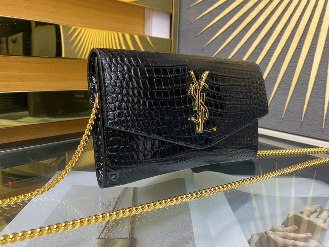 YSL UPTOWN CHAIN WALLET IN CROCODILE-EMBOSSED SHINY LEATHER 7.5 X 4.7 X 1.2 INCHES - Image 3