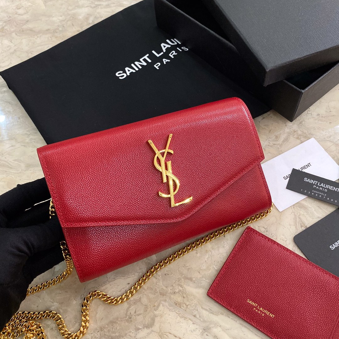 YSL UPTOWN CHAIN WALLET IN GRAIN DE POUDRE EMBOSSED LEATHER RED 7.5 X 4.7 X 1.2 INCHES - Image 2