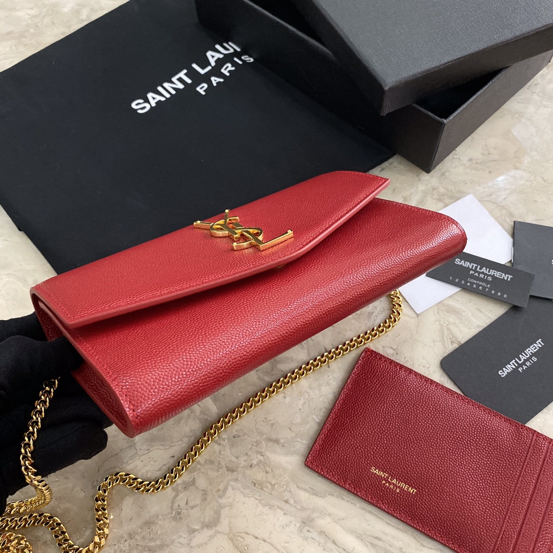 YSL UPTOWN CHAIN WALLET IN GRAIN DE POUDRE EMBOSSED LEATHER RED 7.5 X 4.7 X 1.2 INCHES - Image 3