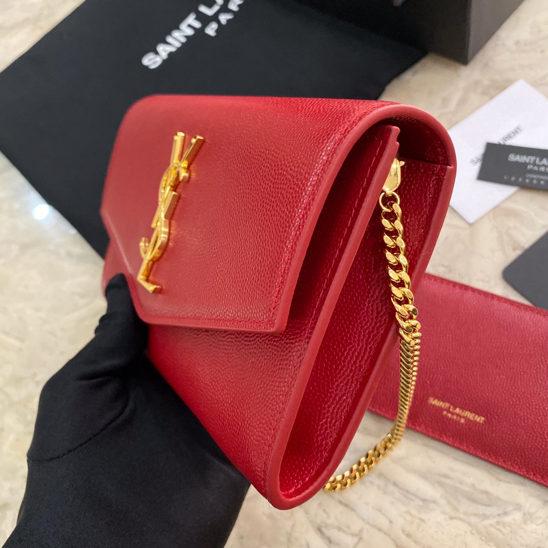 YSL UPTOWN CHAIN WALLET IN GRAIN DE POUDRE EMBOSSED LEATHER RED 7.5 X 4.7 X 1.2 INCHES - Image 4