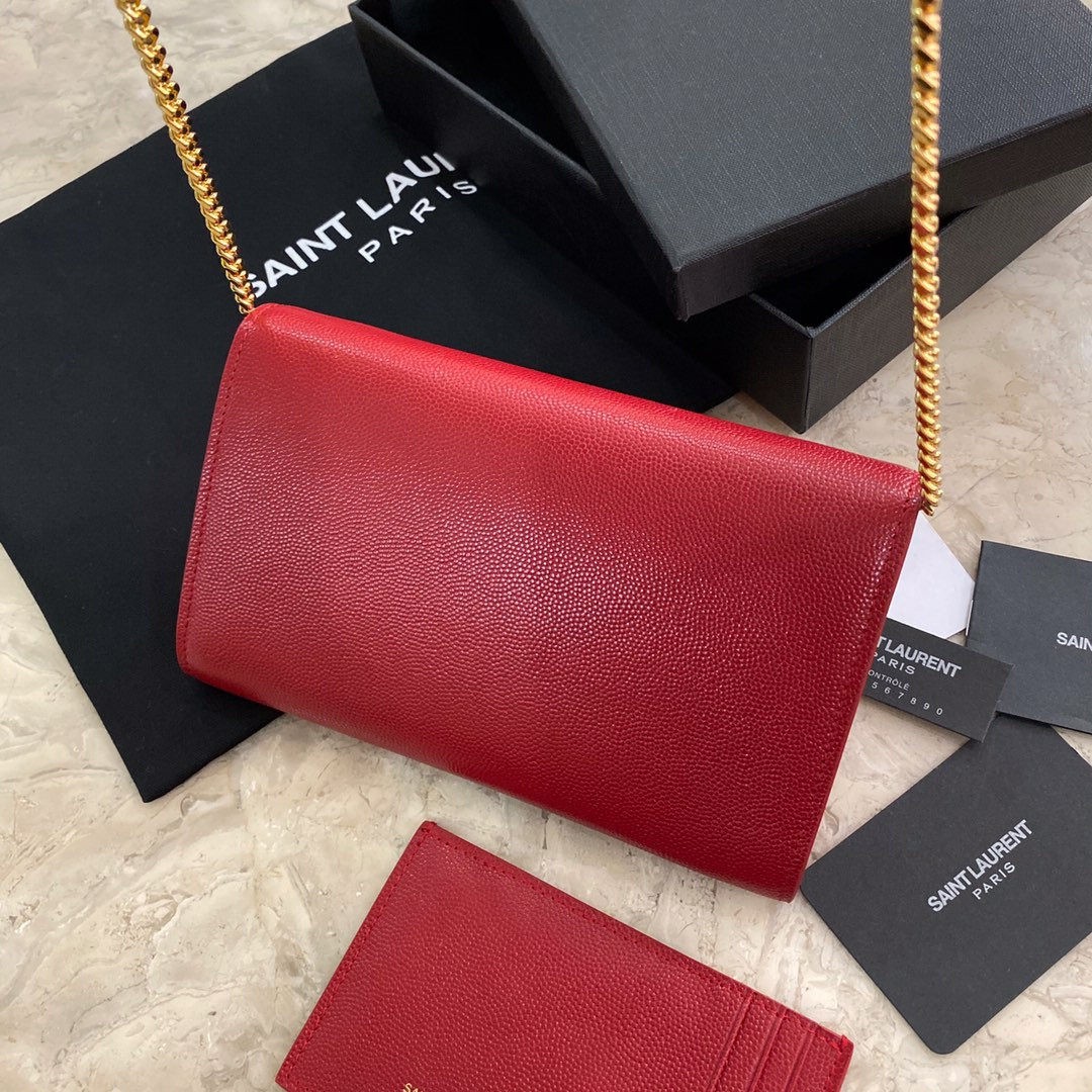 YSL UPTOWN CHAIN WALLET IN GRAIN DE POUDRE EMBOSSED LEATHER RED 7.5 X 4.7 X 1.2 INCHES - Image 5