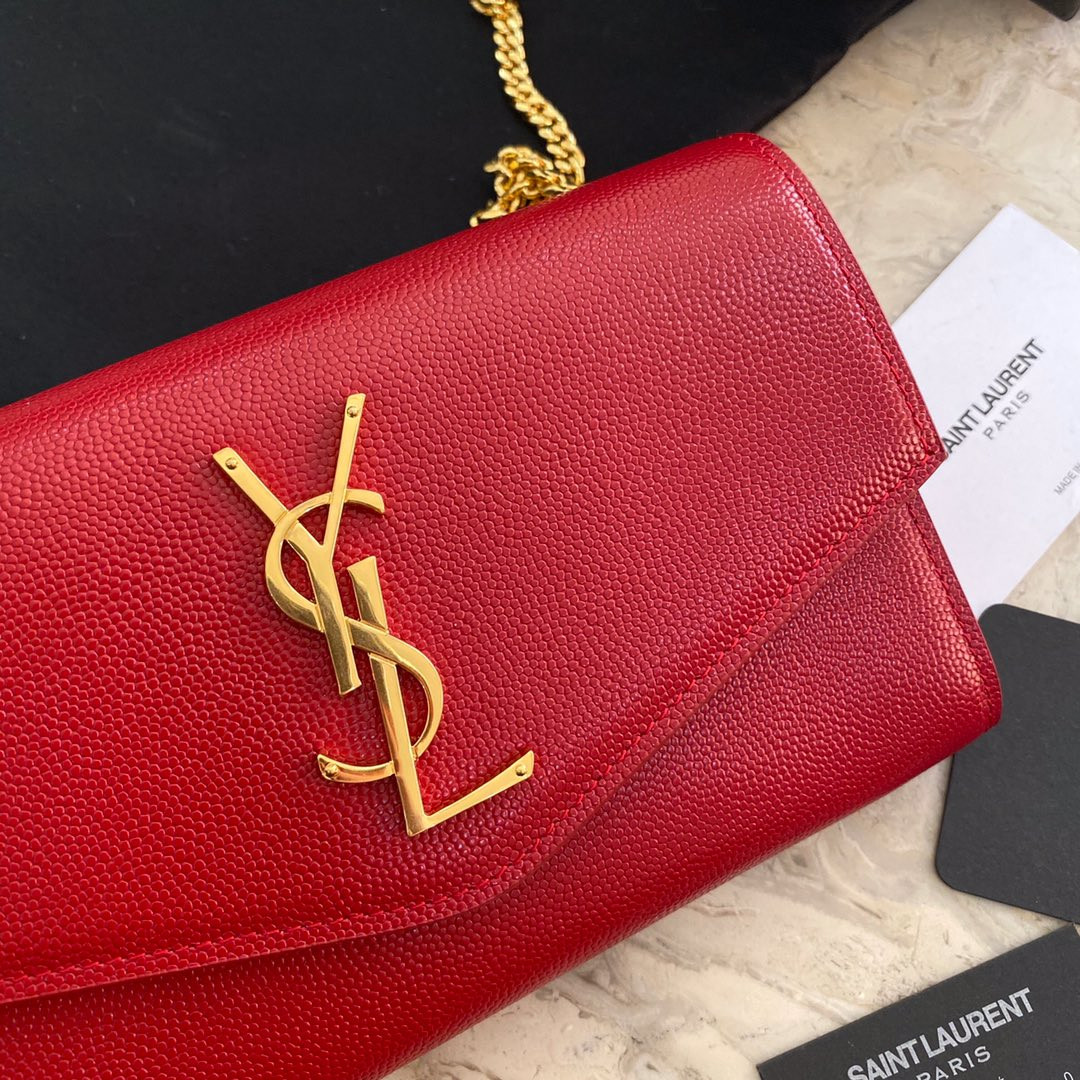 YSL UPTOWN CHAIN WALLET IN GRAIN DE POUDRE EMBOSSED LEATHER RED 7.5 X 4.7 X 1.2 INCHES - Image 6