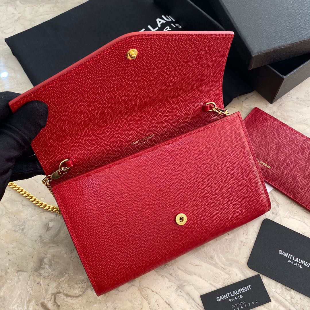 YSL UPTOWN CHAIN WALLET IN GRAIN DE POUDRE EMBOSSED LEATHER RED 7.5 X 4.7 X 1.2 INCHES - Image 7
