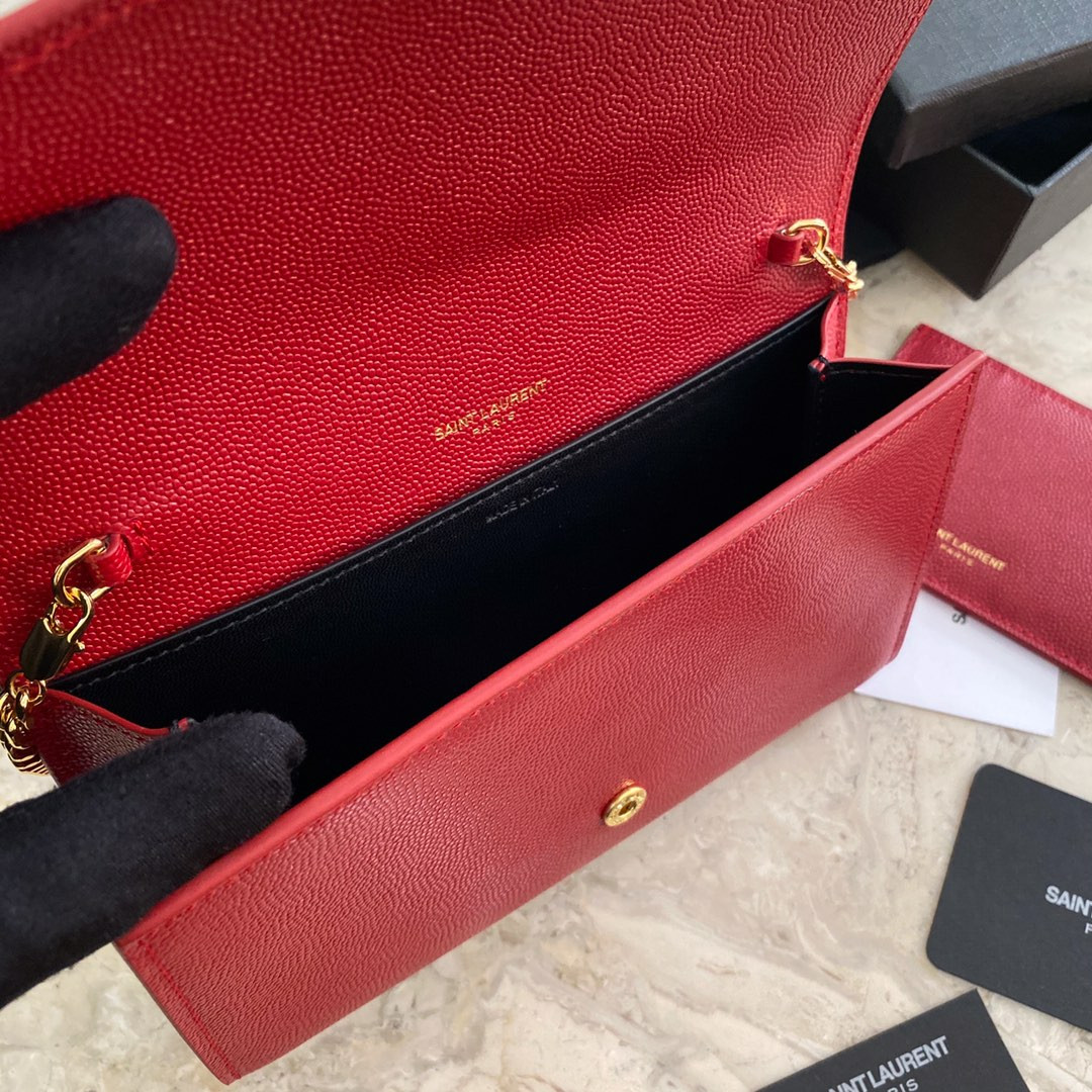 YSL UPTOWN CHAIN WALLET IN GRAIN DE POUDRE EMBOSSED LEATHER RED 7.5 X 4.7 X 1.2 INCHES - Image 10