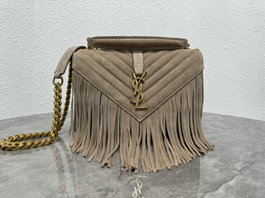YSL COLLEGE MEDIUM IN QUILTED SUEDE GRAY 9.4 X 6.6 X 2.5 INCHES