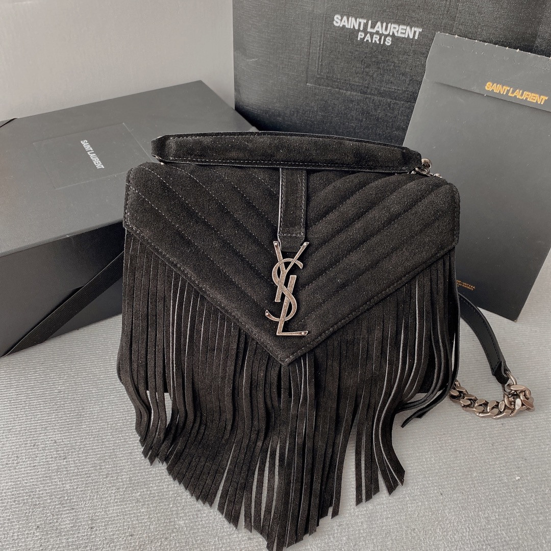 YSL COLLEGE MEDIUM IN QUILTED LEATHER BLACK SILVER 9.4 X 6.6 X 2.5 INCHES