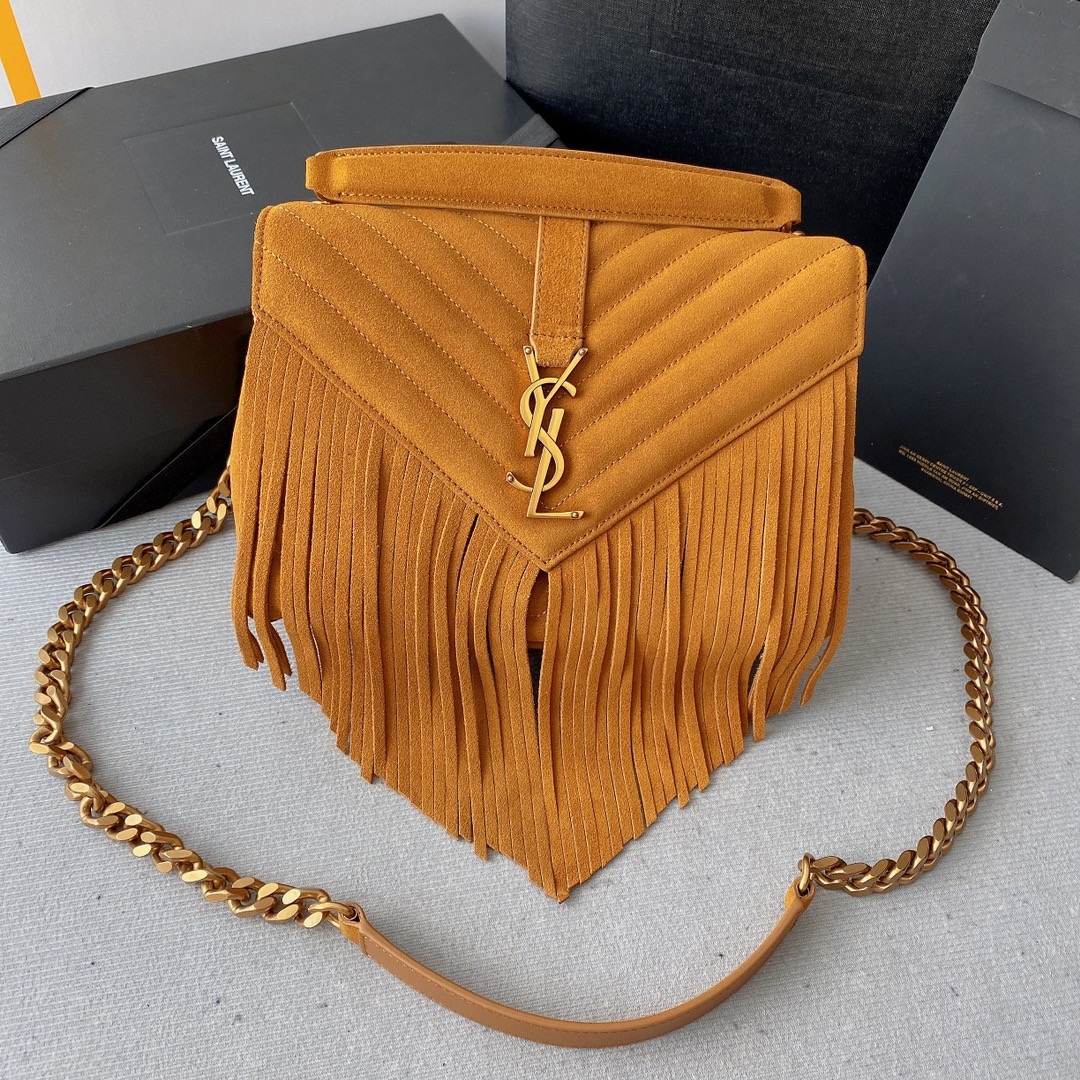 YSL COLLEGE MEDIUM IN QUILTED SUEDE ORANGE 9.4 X 6.6 X 2.5 INCHES