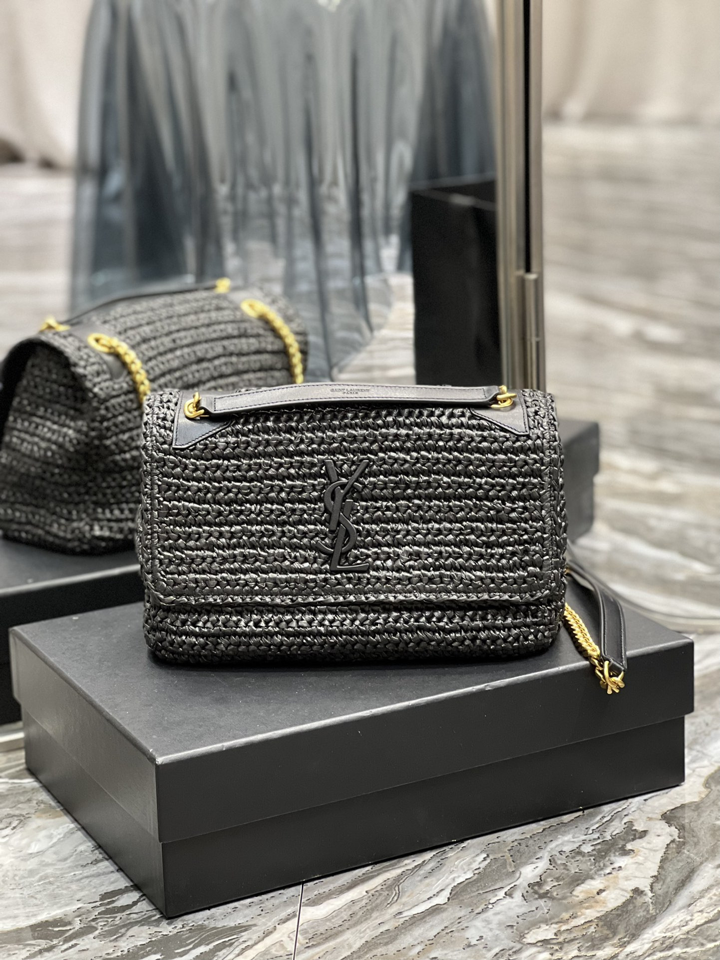 YSL NIKI MEDIUM CHAIN BAG IN RAFFIA AND LEATHER BLACK 11 X 7.8 X 3.3 INCHES - Image 2