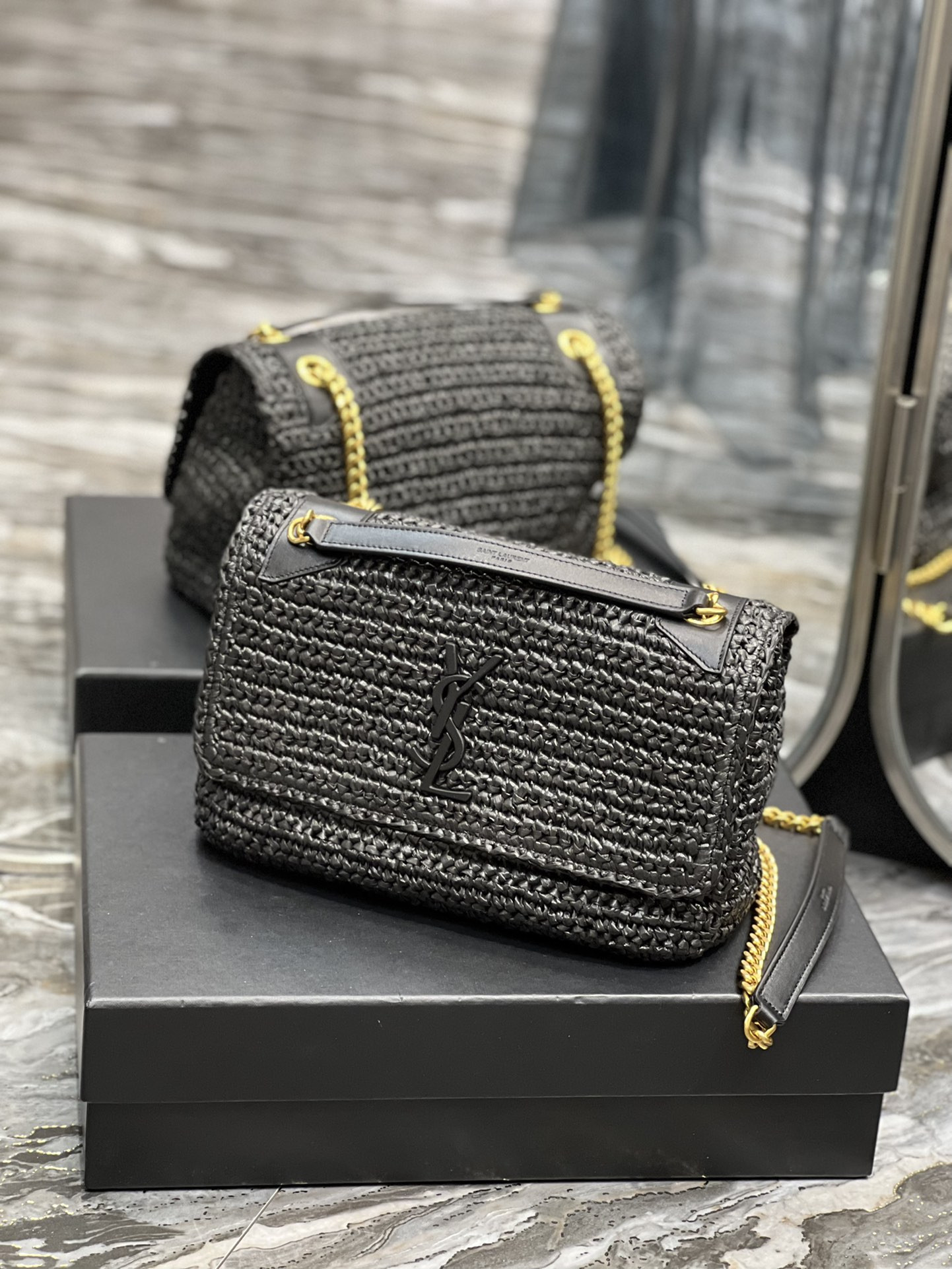 YSL NIKI MEDIUM CHAIN BAG IN RAFFIA AND LEATHER BLACK 11 X 7.8 X 3.3 INCHES - Image 4