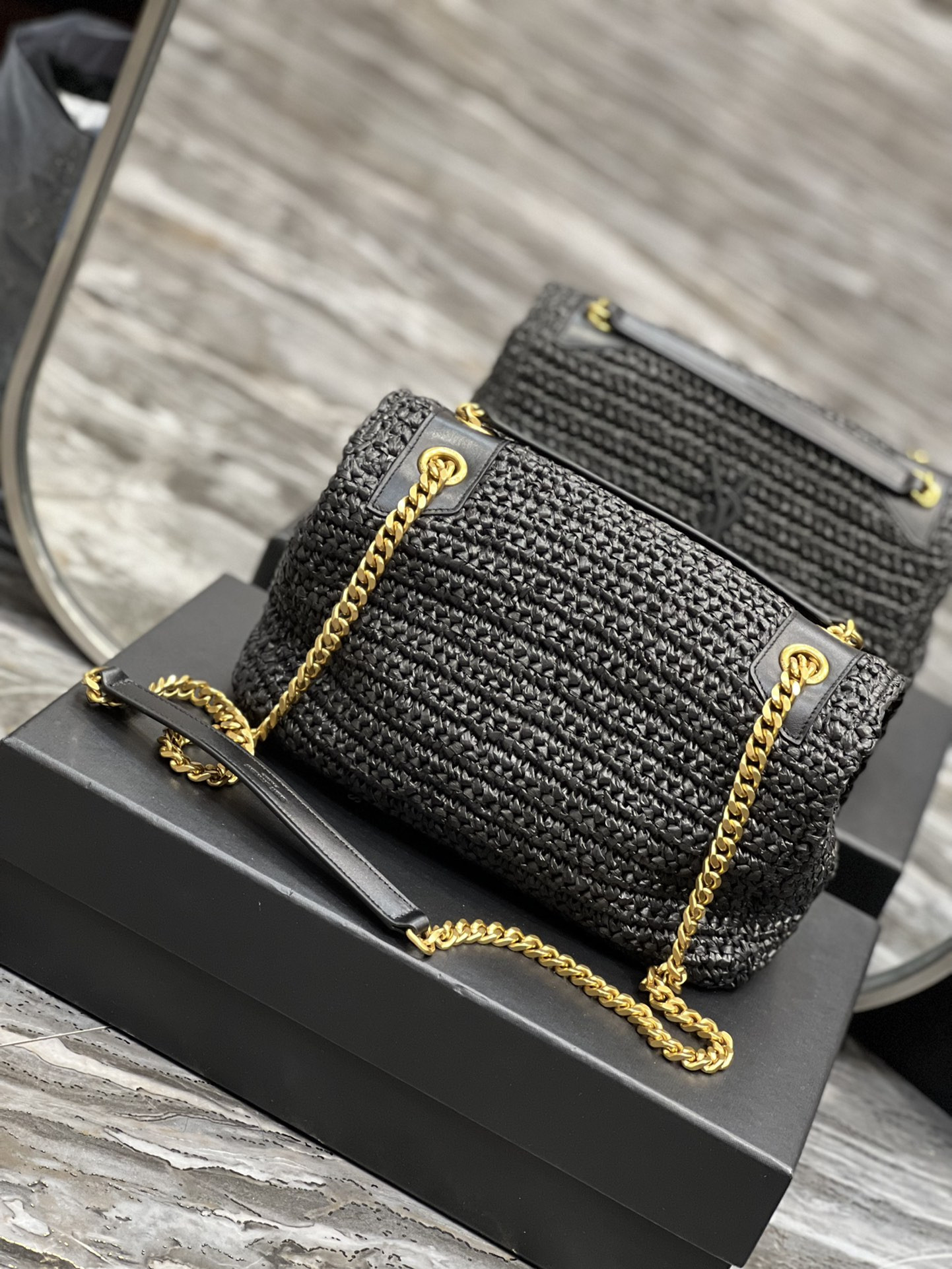 YSL NIKI MEDIUM CHAIN BAG IN RAFFIA AND LEATHER BLACK 11 X 7.8 X 3.3 INCHES - Image 7