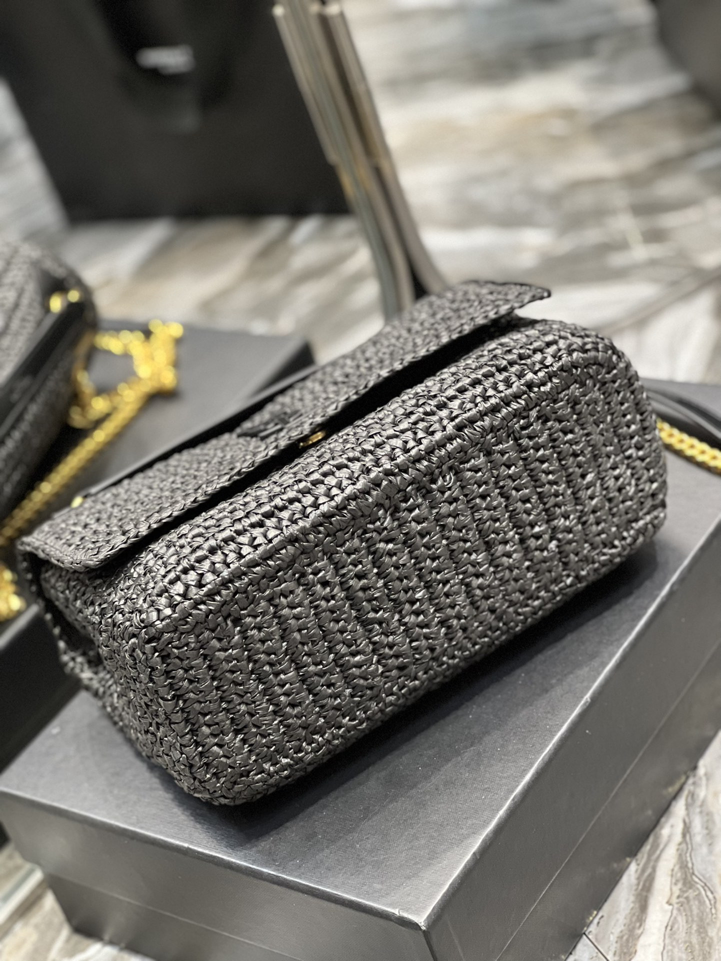 YSL NIKI MEDIUM CHAIN BAG IN RAFFIA AND LEATHER BLACK 11 X 7.8 X 3.3 INCHES - Image 8
