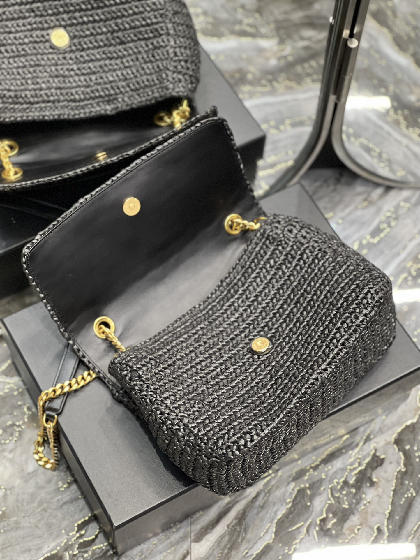 YSL NIKI MEDIUM CHAIN BAG IN RAFFIA AND LEATHER BLACK 11 X 7.8 X 3.3 INCHES - Image 9