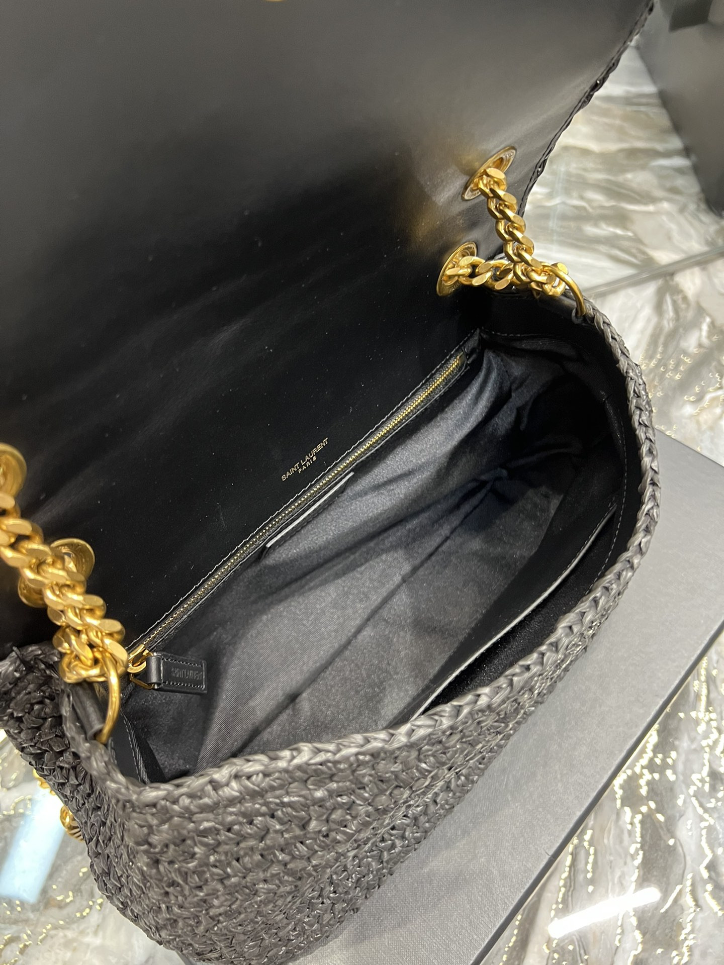YSL NIKI MEDIUM CHAIN BAG IN RAFFIA AND LEATHER BLACK 11 X 7.8 X 3.3 INCHES - Image 10