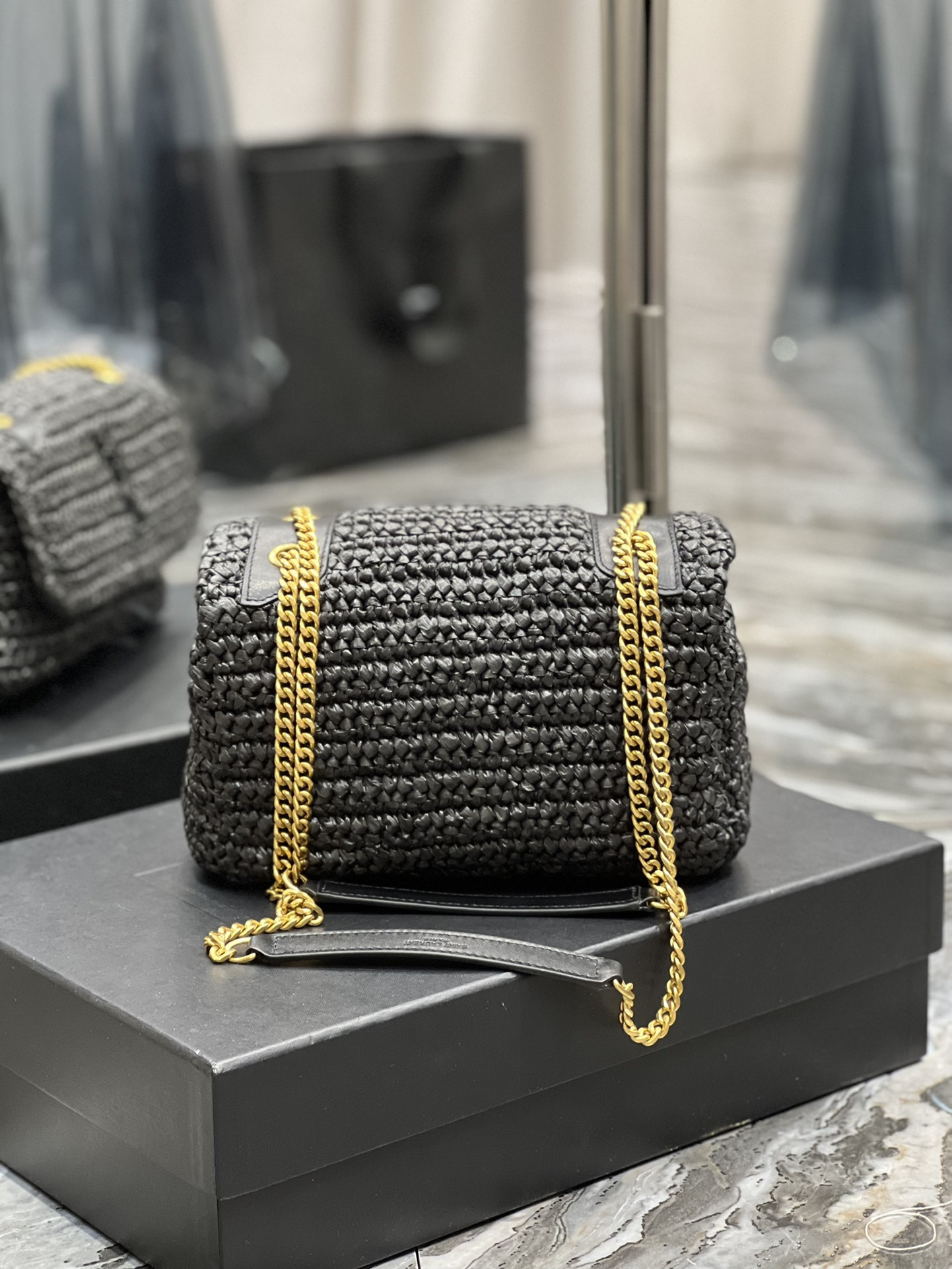 YSL NIKI CHAIN BAG IN RAFFIA AND LEATHER BLACK 22*16.5*12 CM - Image 7