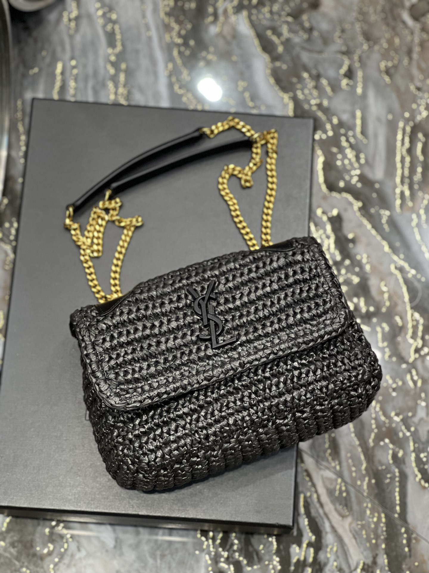 YSL NIKI CHAIN BAG IN RAFFIA AND LEATHER BLACK 22*16.5*12 CM - Image 8