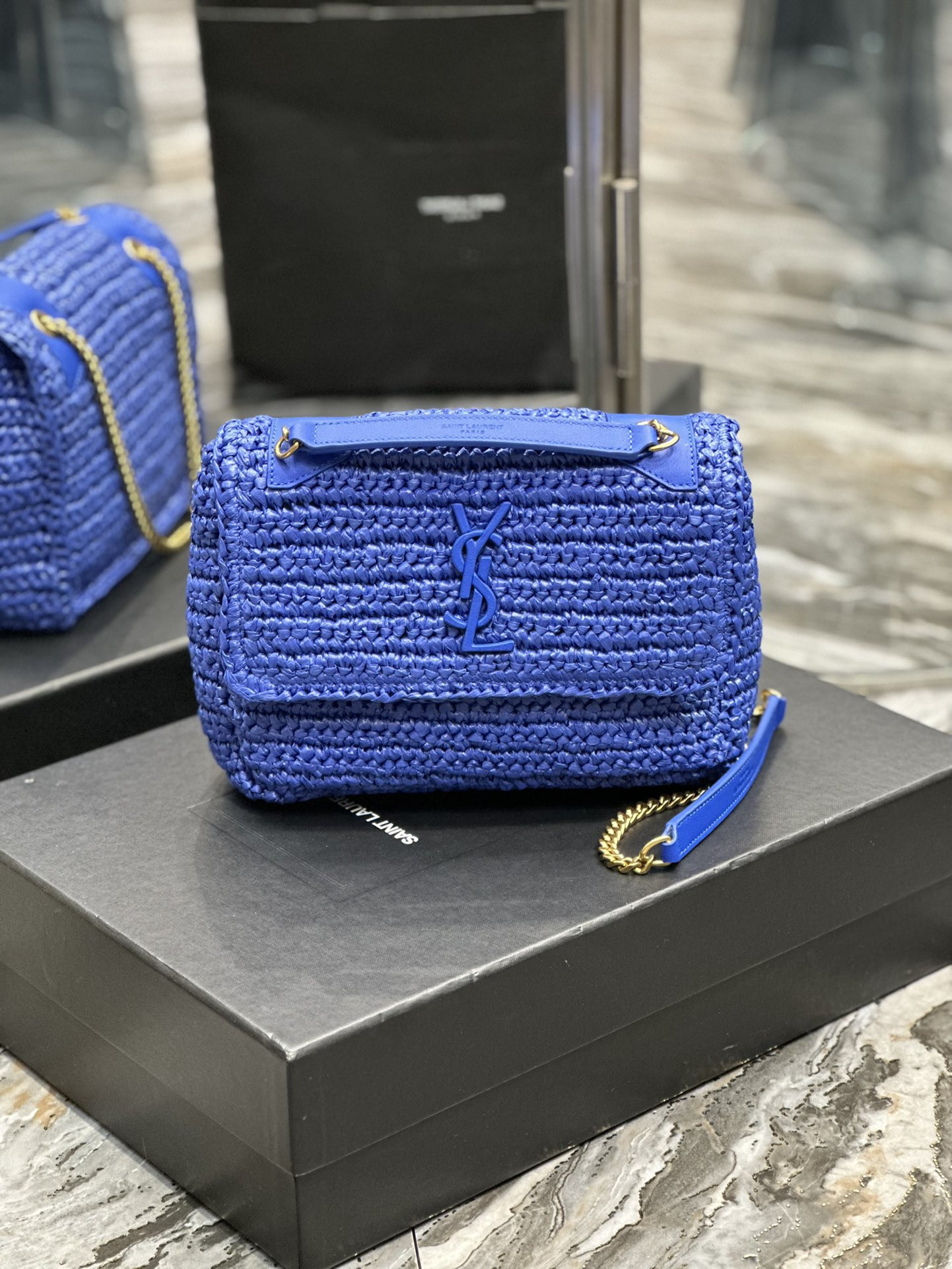 YSL NIKI CHAIN BAG IN RAFFIA AND LEATHER BLUE 22*16.5*12 CM