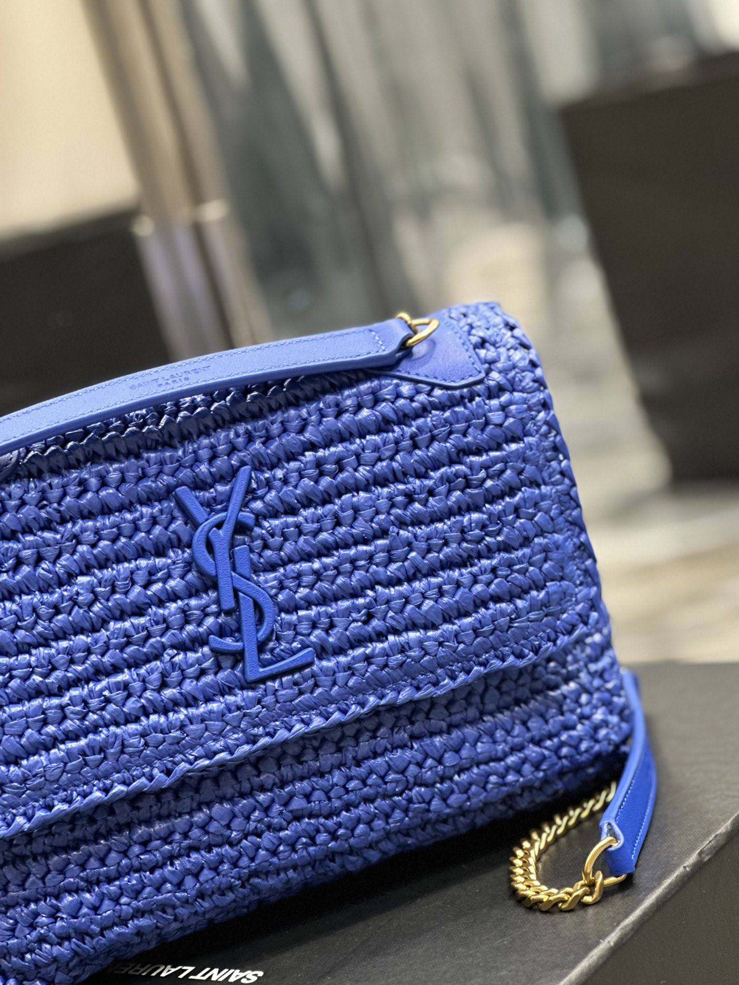 YSL NIKI CHAIN BAG IN RAFFIA AND LEATHER BLUE 22*16.5*12 CM - Image 5