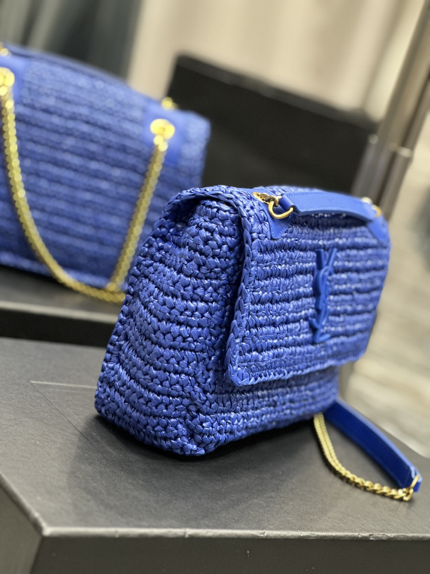 YSL NIKI CHAIN BAG IN RAFFIA AND LEATHER BLUE 22*16.5*12 CM - Image 6