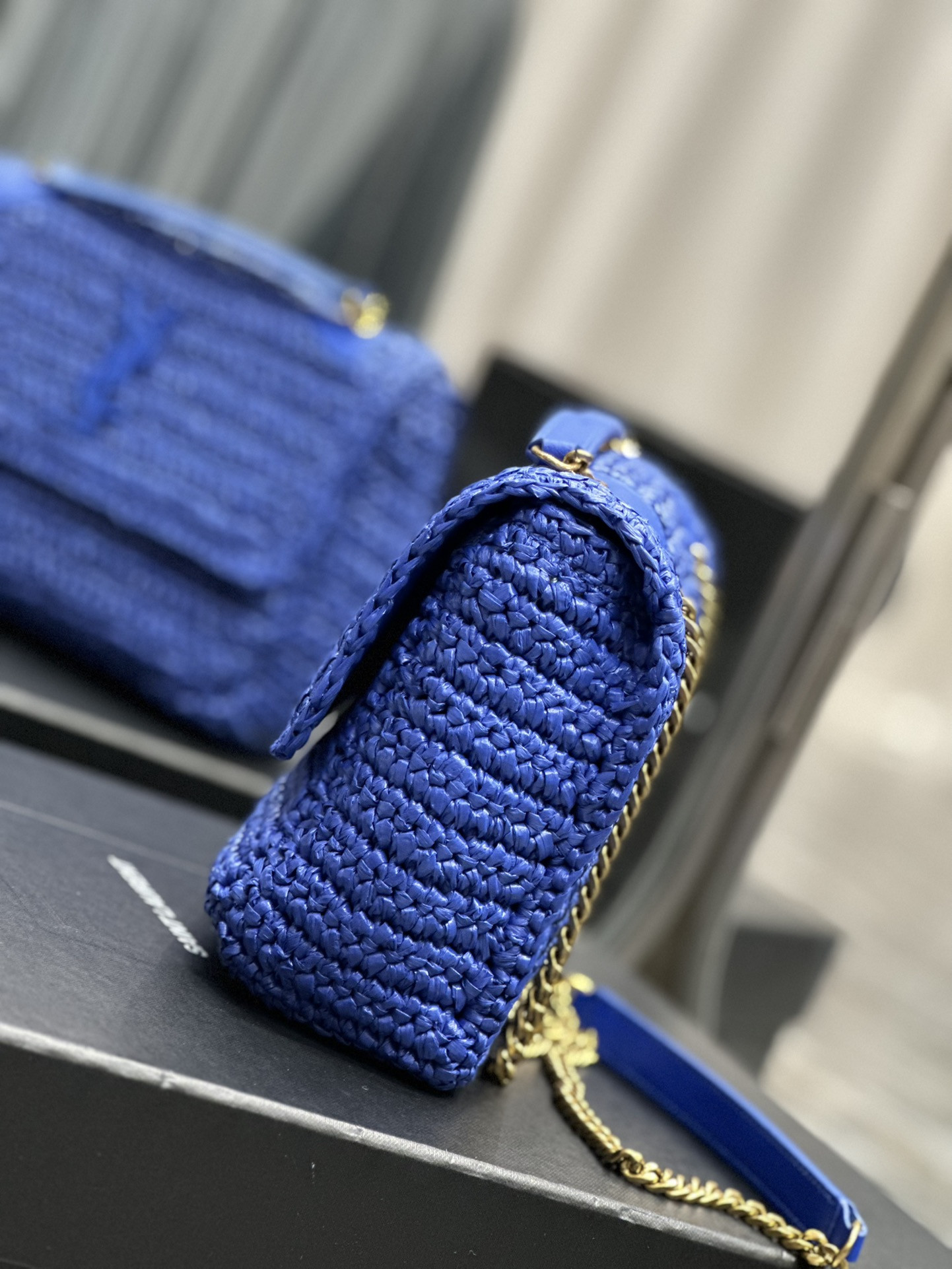 YSL NIKI CHAIN BAG IN RAFFIA AND LEATHER BLUE 22*16.5*12 CM - Image 7