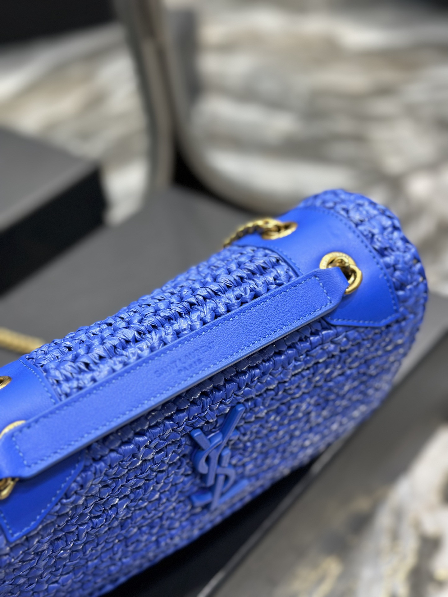YSL NIKI CHAIN BAG IN RAFFIA AND LEATHER BLUE 22*16.5*12 CM - Image 9